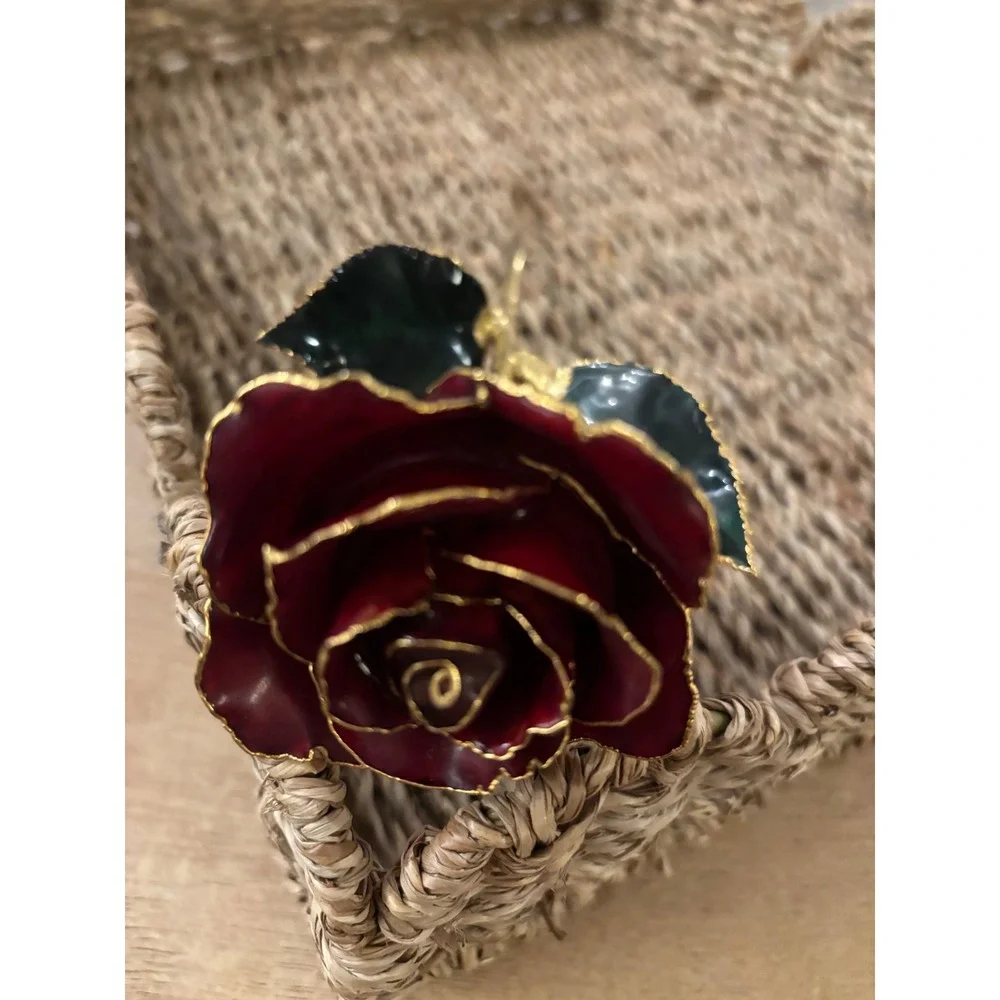24k Gold Dipped Real Rose Red Lacquer Preserved Long Stem Gold Trim Ornament